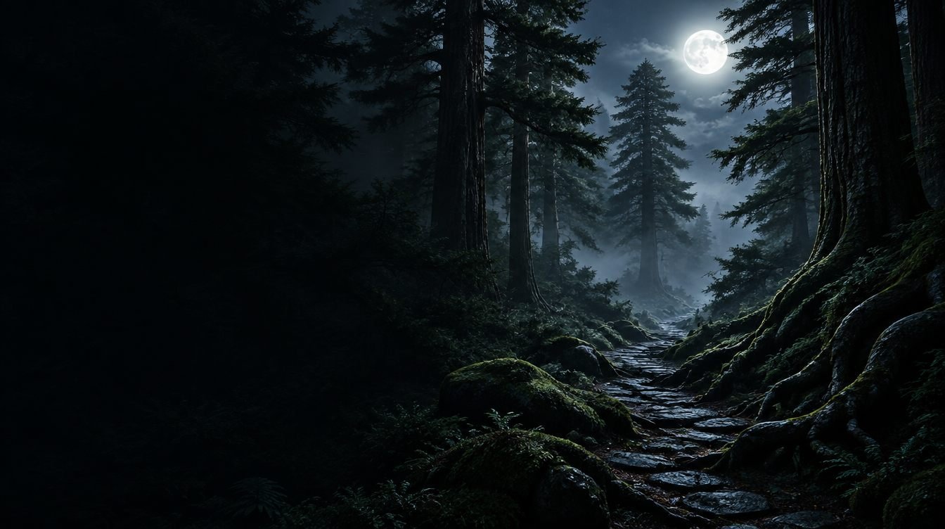 A stone path through a moonlit ancient forest